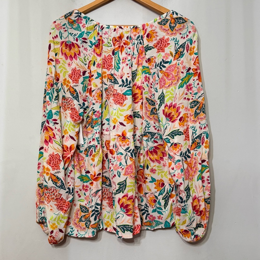 Old Navy Long Sleeve V-Neck Crinkled Boho Top Tropical Peasant NWT Bright XL - Picture 4 of 10